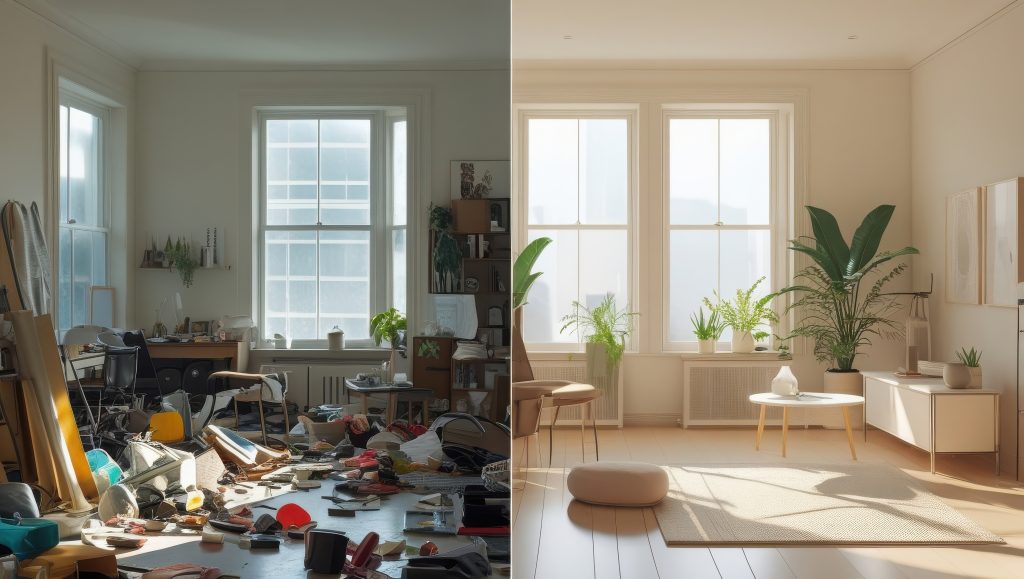 Cluttered room before staging and the clean, staged space after decluttering.