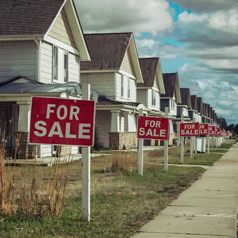 real estate for sale signs many houses available market glut