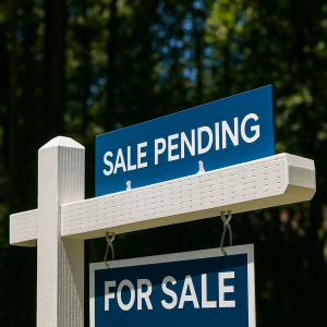 A for sale sign post with a sale pending sign rider at the top of the post.