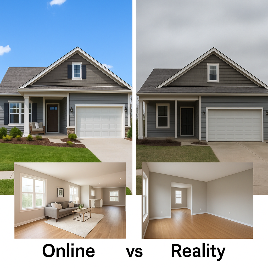 - Unbiased Real Estate Advice: The Truth About Real Estate Online versus reality photos. One photo show the house before being highly edited to show a blue sky. The other photo showing a living room with staged furniture versus reality where the room is actually vacant.