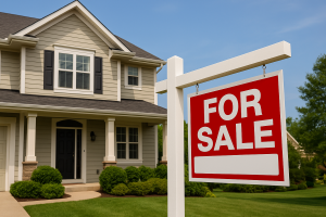 A house with a for sale sign in front of it.