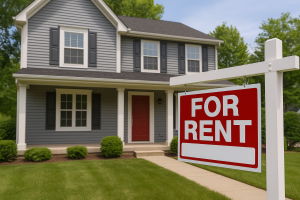 A two-story suburban home with a well-kept yard and a bold red "For Rent" sign staked in the front lawn, symbolizing the challenges and decisions homeowners face when considering renting out their property.