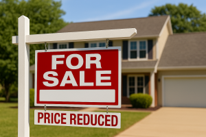 Close-up of a real estate "For Sale" sign with a "Price Reduced" rider hanging below, with a suburban home in the background on a sunny day.