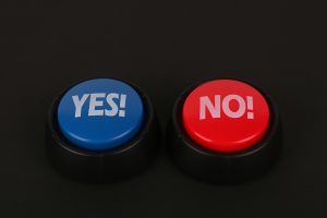 Two large buttons labeled YES and NO placed side by side, symbolizing the critical decision of accepting or rejecting a contingent real estate offer.