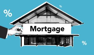 Illustration of a house with the word “Mortgage” across it, set against a blue background with percentage signs, representing interest rates and mortgage concepts.