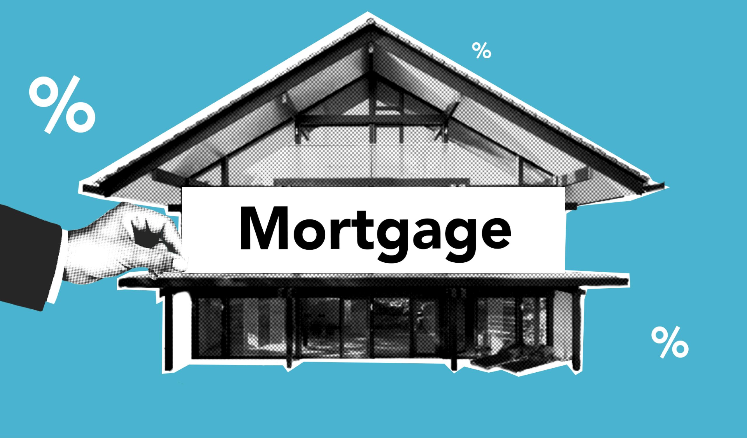 - Unbiased Real Estate Advice: The Truth About Real Estate Illustration of a house with the word “Mortgage” across it, set against a blue background with percentage signs, representing interest rates and mortgage concepts.