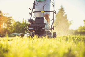 Close up of a person mowing the lawn with a push mower, symbolizing the hidden responsibilities and regrets some homeowners face after buying a house.